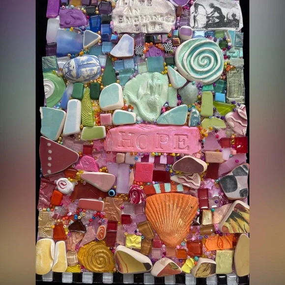 Handmade Mosaic Art” Enchanted Life”Polymer Clay Original On Wood 12”x 8” - Picture 7 of 10